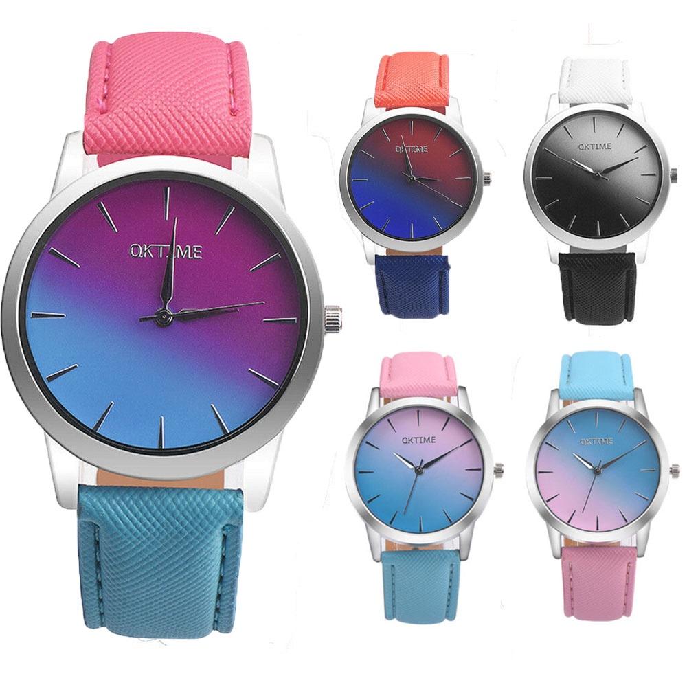 Elegant Women Rainbow Design Analog Quartz Sport Wrist Watch With Artificial Leather Band