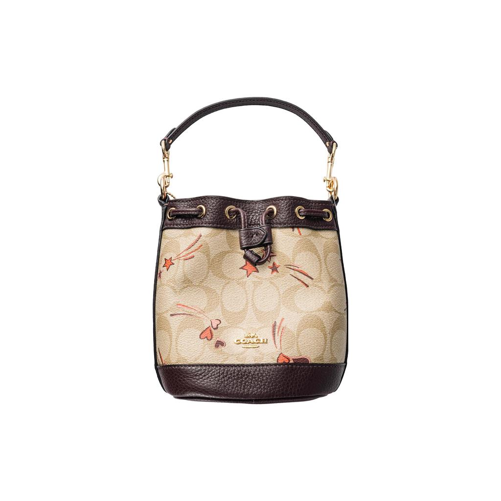 COACH Bucket Classic Jacquard Leather Bucket Bag, Handbag, Shoulder Bag Small Women's Beige & Dark Brown CK524-IMOT4