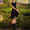 Sommer Kvinner Gotisk Svart Blonder Volanger Kjole Cross Slash Neck Slank Prinsessekjole Puffermet Søt Kawaii Lolita Festkjole