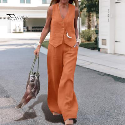 2-teiliges Set mit Weste und Hose für Damen, ärmellos, V-Ausschnitt, einreihiges Oberteil, elastische Taille, Seitentaschen, gerade Hose, lässige Pendlerkleidung, tägliches Outfit