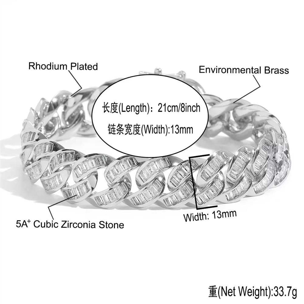 Personalized Hip Hop Real Gold Plated Jewelry 13mm Wide Iced Out Baguette CZ Cuban Link Chain Bracelet for Men