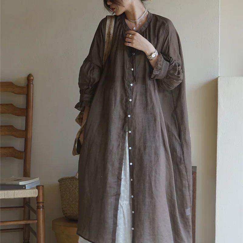 Spring Autumn Women's Vintage Ramie Shirt Dress Women Lantern Sleeve Design Dresses Loose Thin Vestidos