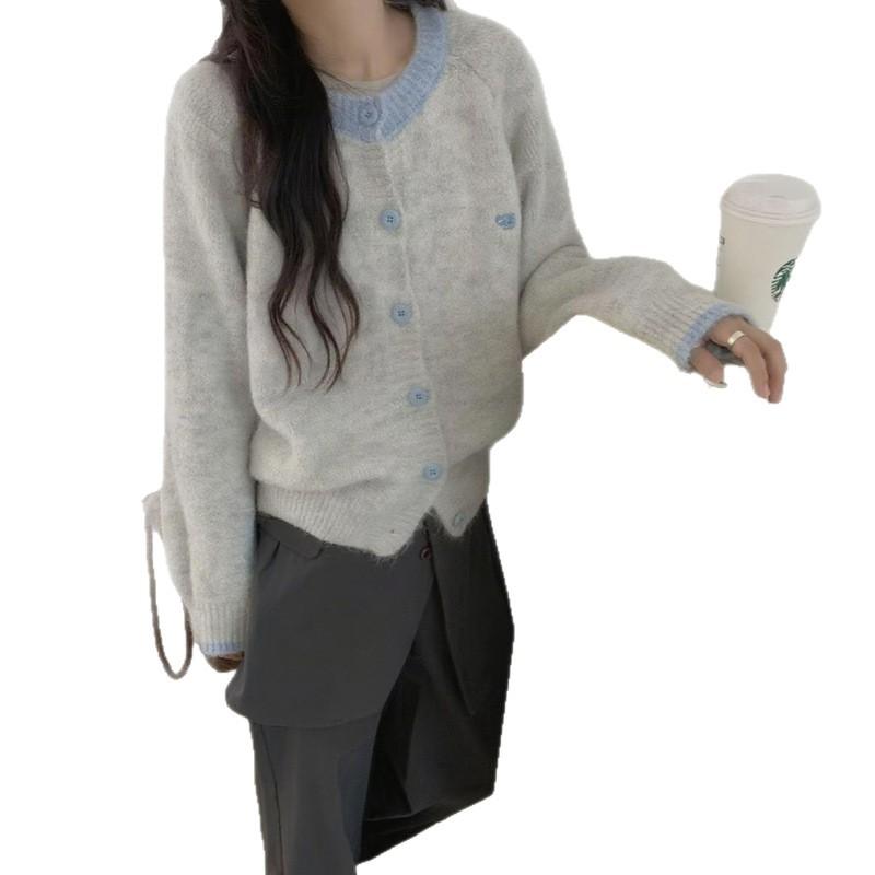 Egg Korean version of premium soft waxy camel wool color splicing knitted cardigan women's outer with round neck long-sleeved cardigan sweater