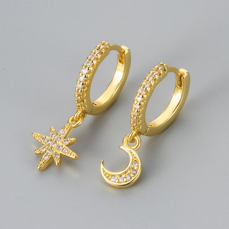 Asymmetric Star Moon Earrings For Women Rhinestone Studs Lightweight Trendy Celestial Hoops Dangling Jewelry Gift copper