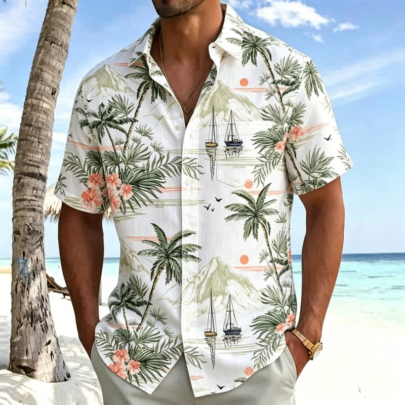 Men's Classic Vacation Style Printed Shirt, Short Sleeved Shirt With Pockets, Holiday Beach Vacation Personalized Top