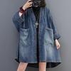 Retro V-Ausschnitt Tasche Jeansjacke Damen Herbst Loose Large Mid-Length Windbreaker