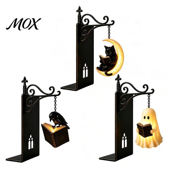 Halloween-Thema Buch-Organizer Gotische Metall-Buchstützen mit Hängeleuchte, Katze Rabe Geist Dekorativ Schwarz Heimdeko Bücherregal Lampe, Vintage