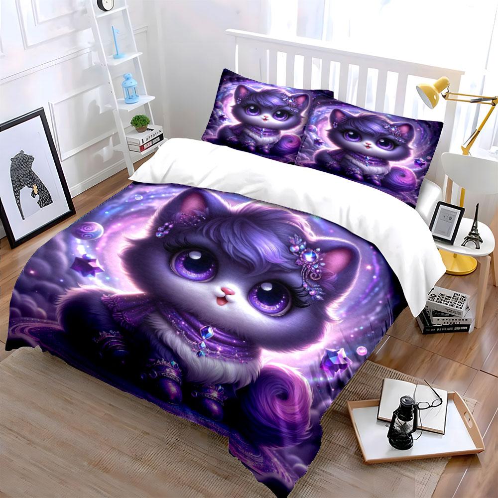 Purple Cosmic Pet With Floating Gems Duvet Cover Set With 3D Printing Design Soft Polyester Bedding Set All-Season Comfort