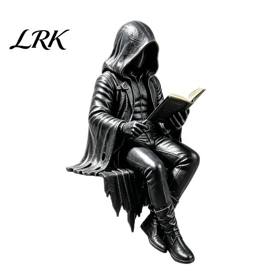 Zittend Magere Hein Model Gotische Dark Fantasy Figuur, Lezend Met Kap Standbeeld, Hars Skelet Standbeeld Halloween Figuurtje voor Boekenkast Huisdecoratie