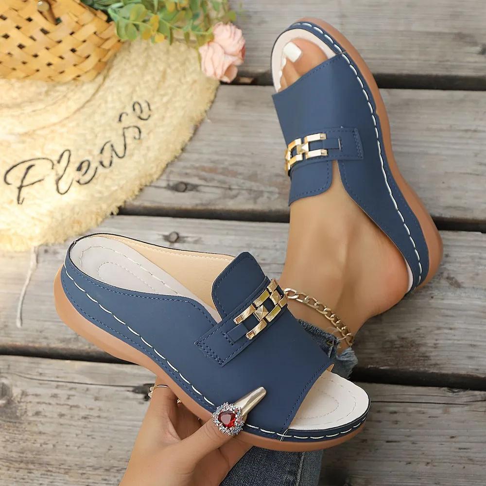 Slip On Open Toe Slide Sandals with Metal Buckle Soft Sole Non Slip Lightweight Casual Outdoor Footwear for Women