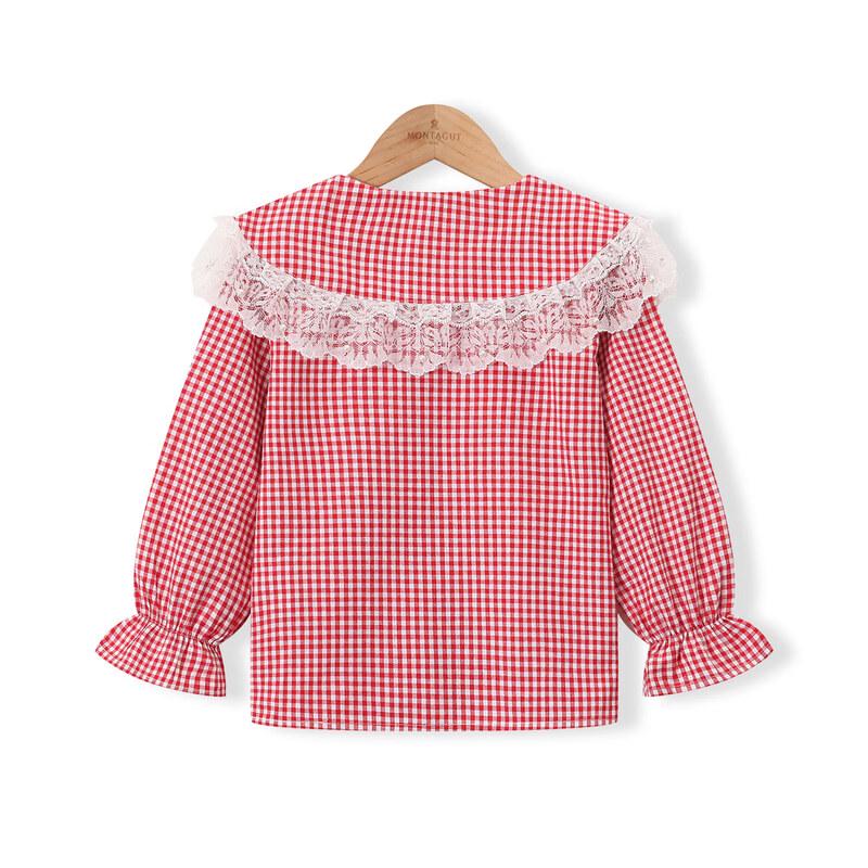 Girls' Lace Ruffled Plaid Long Sleeve Blouse