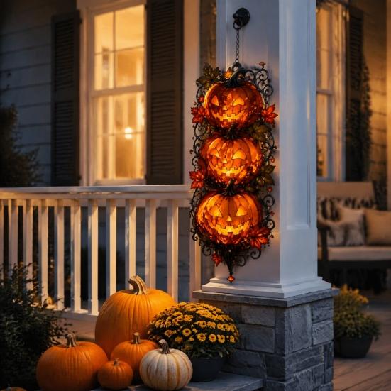 Halloween Pumpkin Hanging Ornaments Triple Stacked Jack-o'-Lantern Door Hanger, 2D Wall Ornament, Dark Style Festival Props Spooky Fall Porch