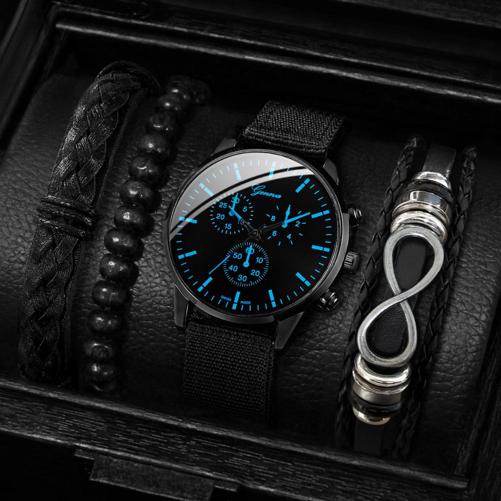 Geneva Herren-Business-Uhren, modisches Leder- und Edelstahlband,  Herren-Quarzuhr, Armband-Set