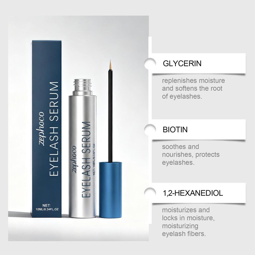 Zephoco Eyelash Serum: Lightweight, easy absorption, fine brush for full, natural lashes and shiny, everyday eye makeup.