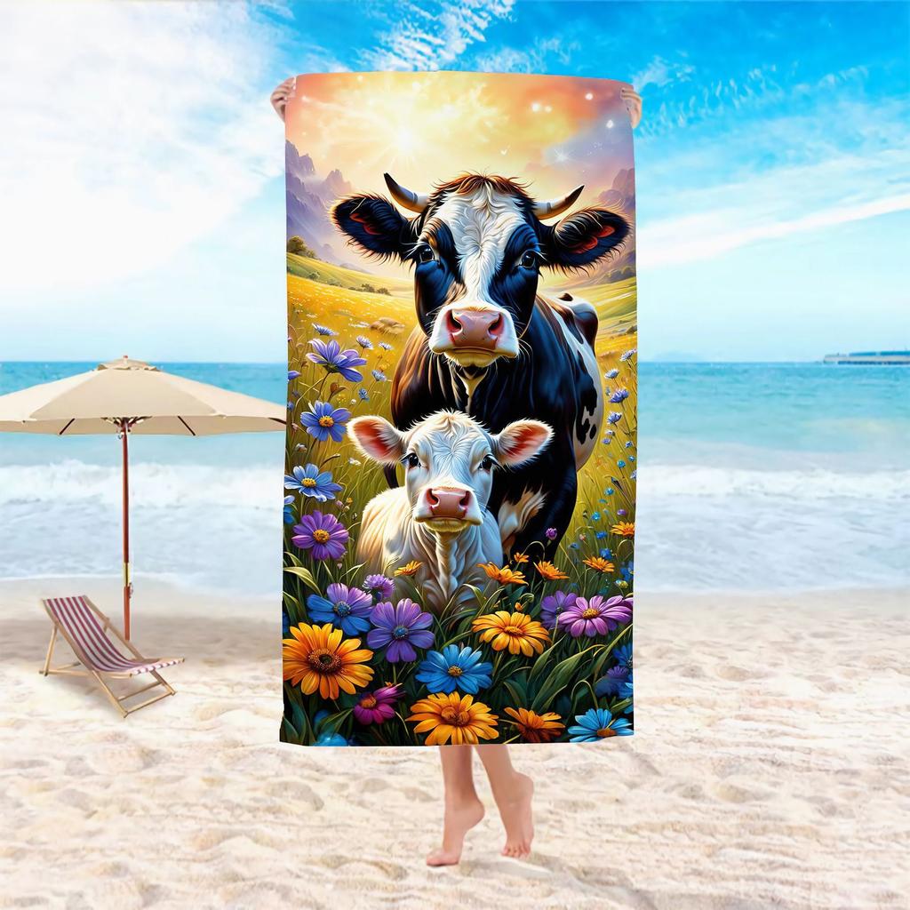 Cow with Sunflowers Beach Towel Rustic Wood Print Quick Dry Absorbent Towel