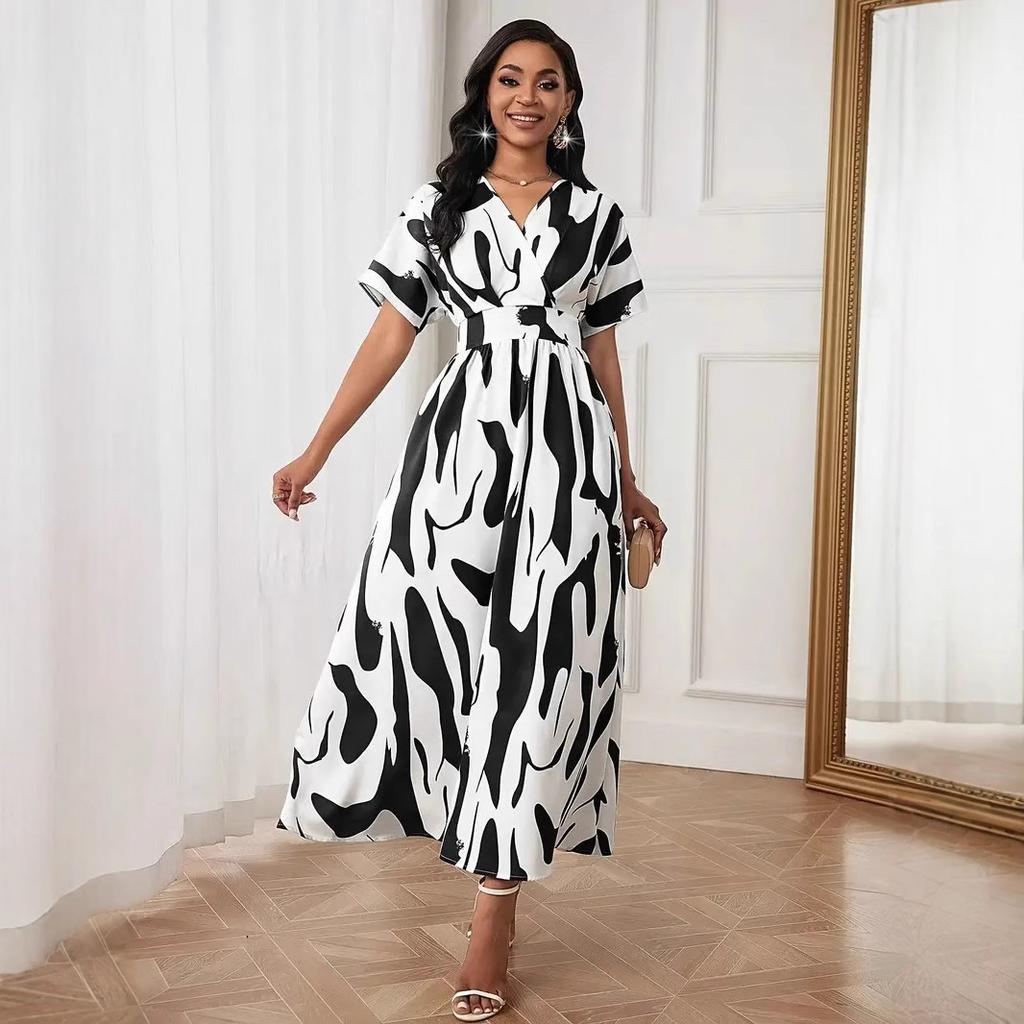 Women Summer Short Sleeve Color Matching Holiday Beach One Piece Dress