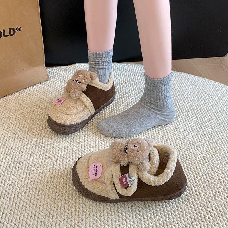 Warm outdoor non-slip Velcro cotton slippers women's versatile cute scarf bear parent-child Doudou shoes 2025 winter