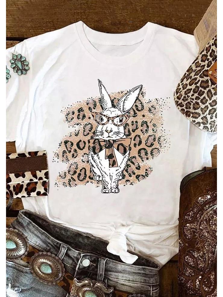 

Женская футболка с коротким рукавом с леопардовым принтом и пасхальным кроликом XL белый
