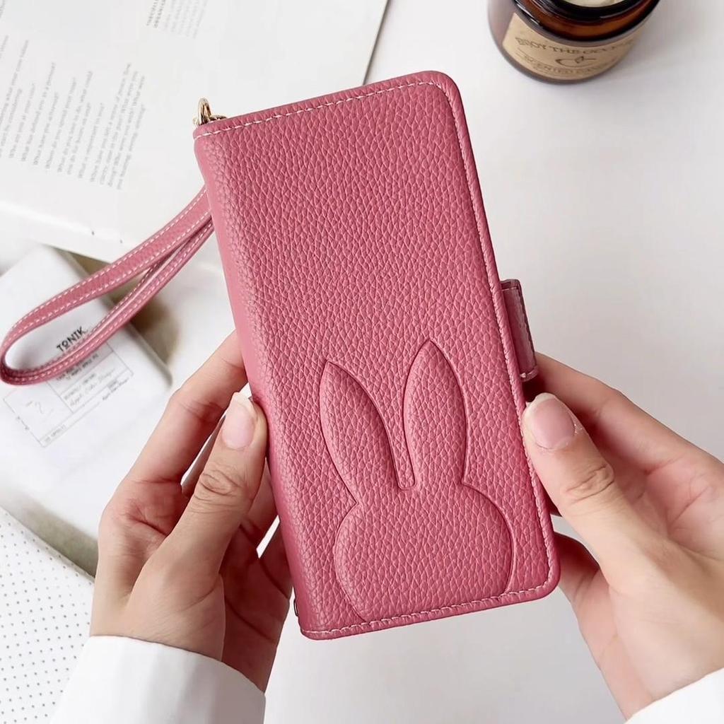 Carina custodia a portafoglio in pelle con coniglio e fiore 3D, supporto per telefono, per iPhone 17 Air 16 15 PM 14 13 12 11 Pro Max XR XS SE 16e 6 7 8 Plus, slot per schede, cover a libro