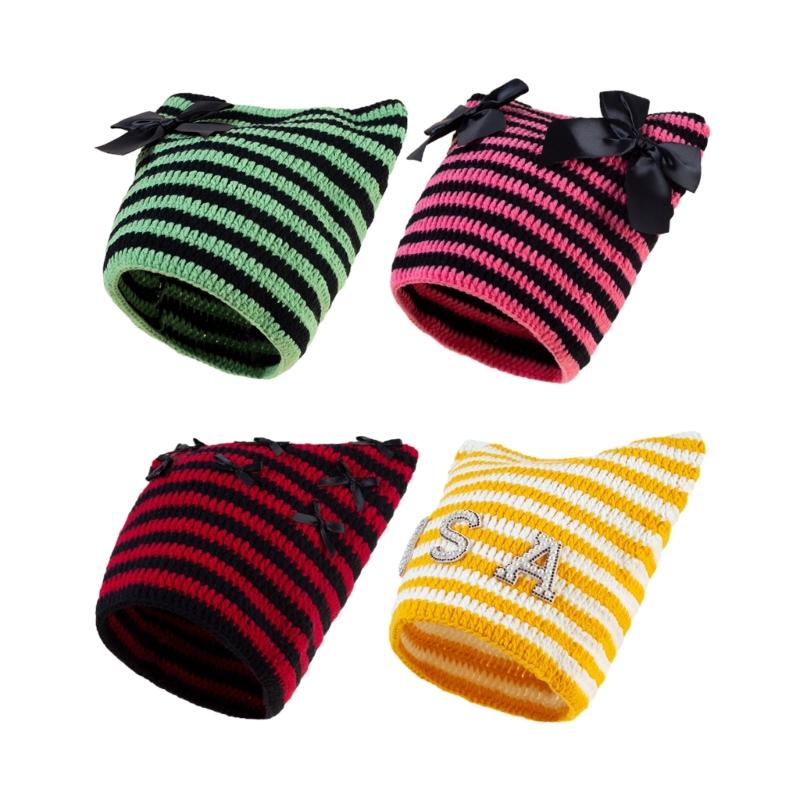 Crochet Stripe Pattern Hat Handmade Cat Ear Hat Winter Warmer Knitted Hat Cold Winter Presents for Students Teenagers