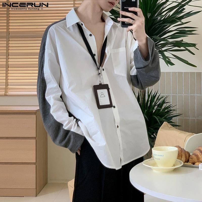 INCERUN Oversized Men Long Sleeve Back Patchwork Buttons Casual Loose Shirts Tops