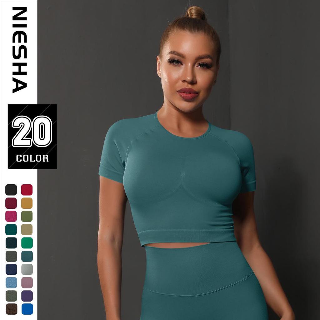 New Arrival: Seamless Knit Chest-Lifting Sports Top - Short-Sleeve, Tight-Fit for Running, Fitness & Yoga.