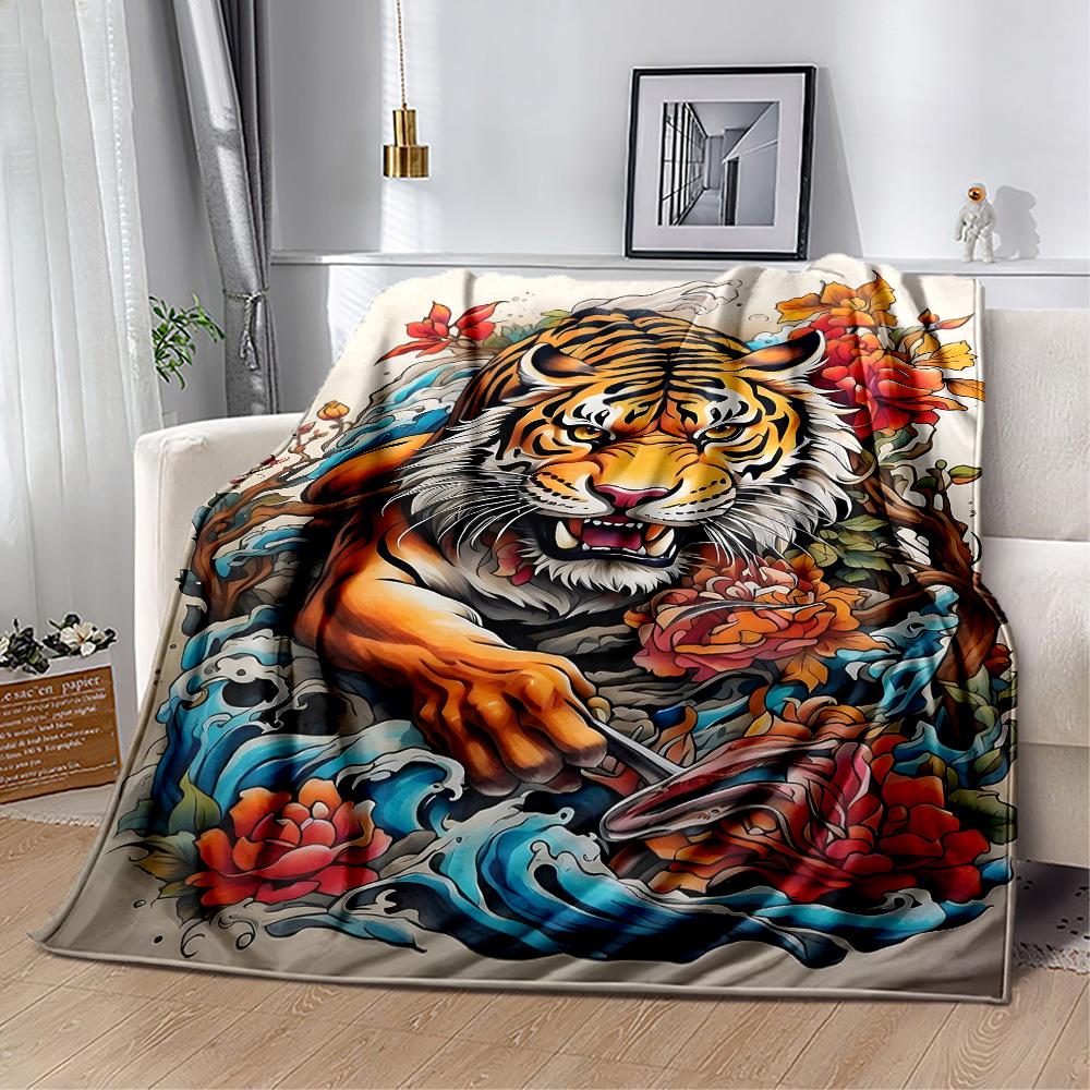 Tiger And Roses Blanket Suitable for Offices, Travel, Living Rooms Also a Good Gift for Friends and Family Suitable for All Seasons.