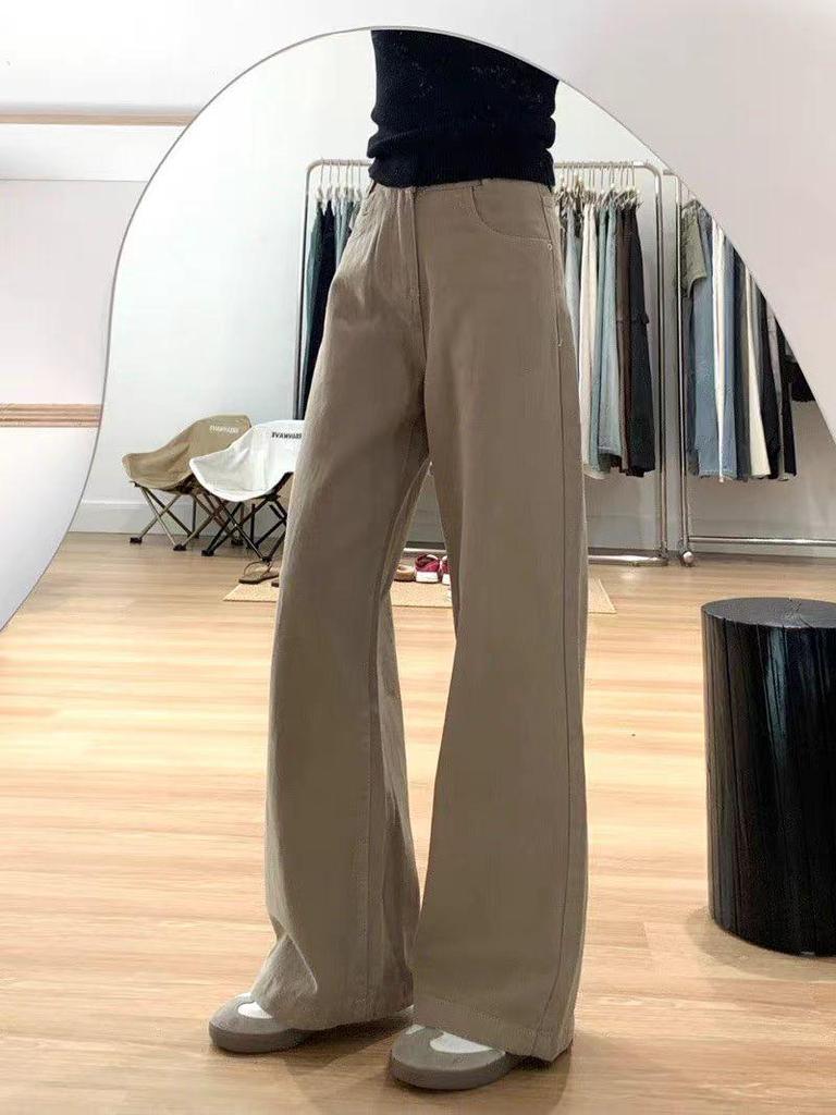 Women's Khaki Wide Leg Jeans - High Waist, Slimming, Versatile for Spring & Autumn