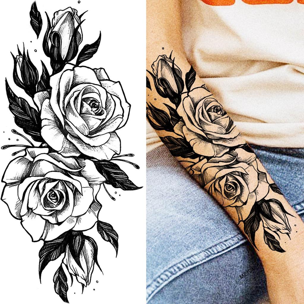 1 Sheet Black Flower Temporary Tattoos For Women Girls Realistic Fake Flora Floral Peony Tattoo Sticker Body Art Painting Decal