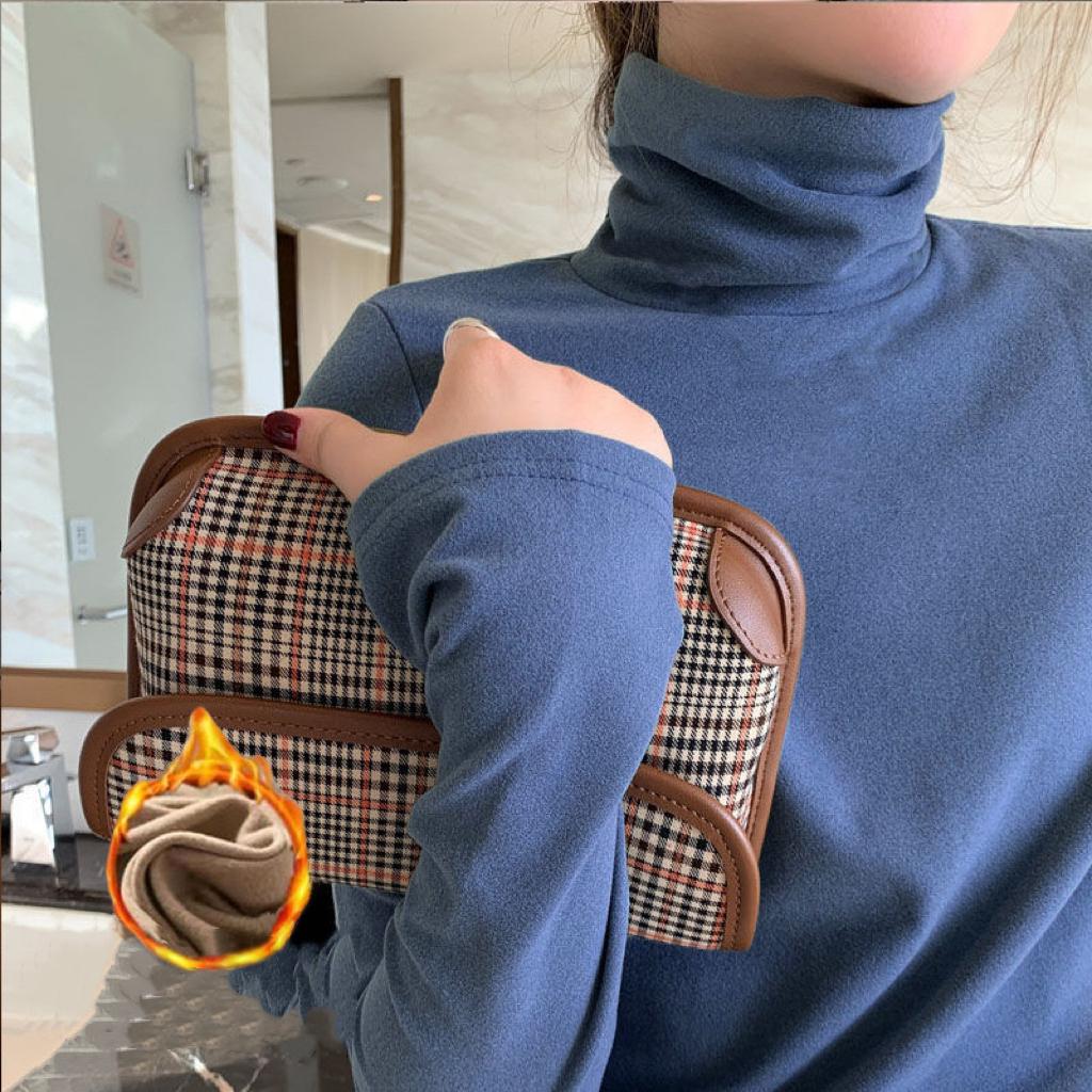 

1 шт. Женская осенне-зимняя утолщенная теплая футболка с длинным рукавом, воротник-стойка, термобелье, модный топ с высоким воротником, облегающий тепловой топ XL (60-67kg) синий