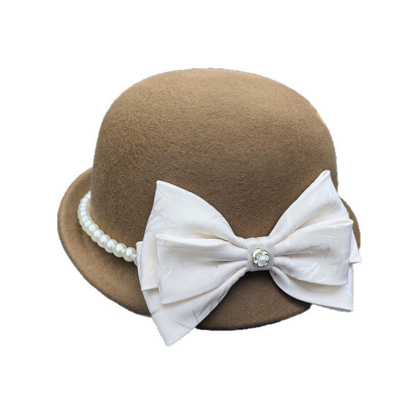 Casual Fashion Top Hat French Hepburn Style Pearl Bow Woolen Beret Fashion Sweet Bow Hat