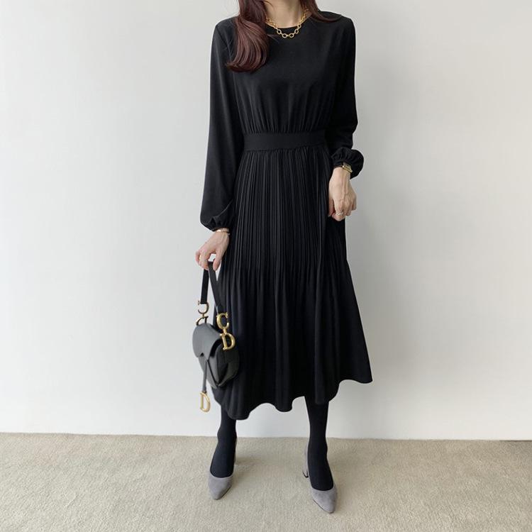 

Доступен в четырех цветах: 2023 Шикарное корейское платье макси с плиссировкой, подчеркивающее талию M чёрный