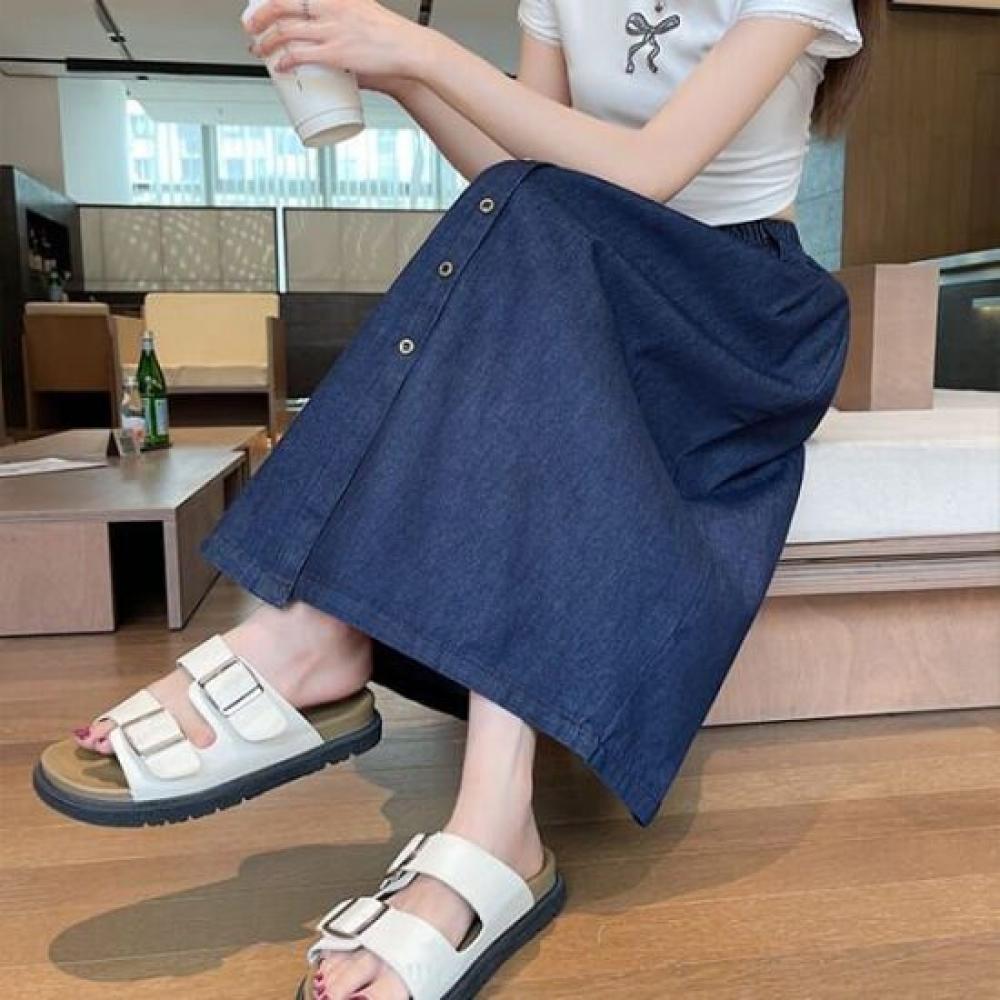 Navava Women Casual Button Point Banding Denim Long Skirt Ns479