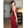 French elegance pure and alluring red spaghetti strap dress for women's summer new slimming mid-length dress is trendy