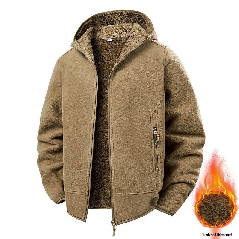 

Men s Double-Sided Fleece Jacket: Extra Thick, Hooded, Casual, Fleece-Lined for Warmth - Ideal for Autumn and Winter. S 80-120 lbs хаки