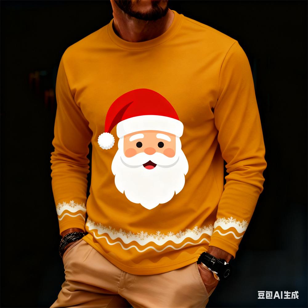 Fashionable Harajuku-style Christmas men's long-sleeve T-shirt, autumn casual round-neck loose top, fun Santa Claus design