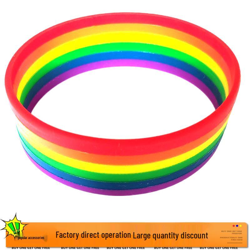 European-American Silicone Rainbow Bracelet: Six-Layer Multicolor Wristband In Red, Orange, Yellow, Green, Blue, and Purple.