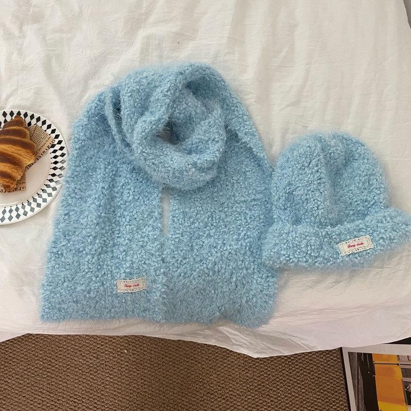 Bright Color Knitted Scarf and Hat Set - Solid Winter Warm 2-Piece for Women