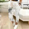 Women Plus Size White Abstract Printed Jogger Pants Drawstring Waist Side Pockets Cuffed Ankle