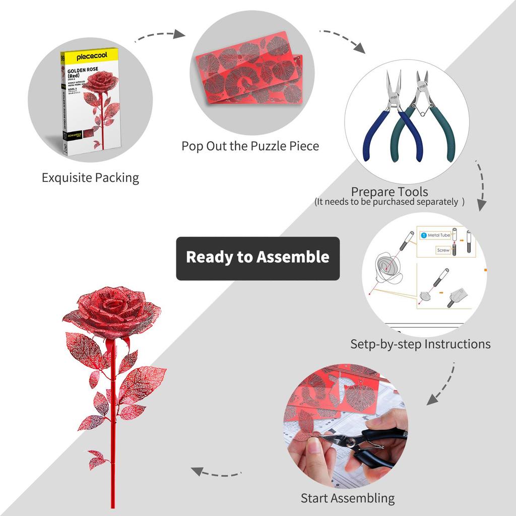Piececool 3D Metallic Metallic Nano Assembly No Glue Intermediate Ornament Puzzle, Rose, Puzzle, Required, Required, 3-Star Difficulty, Level, Adult,