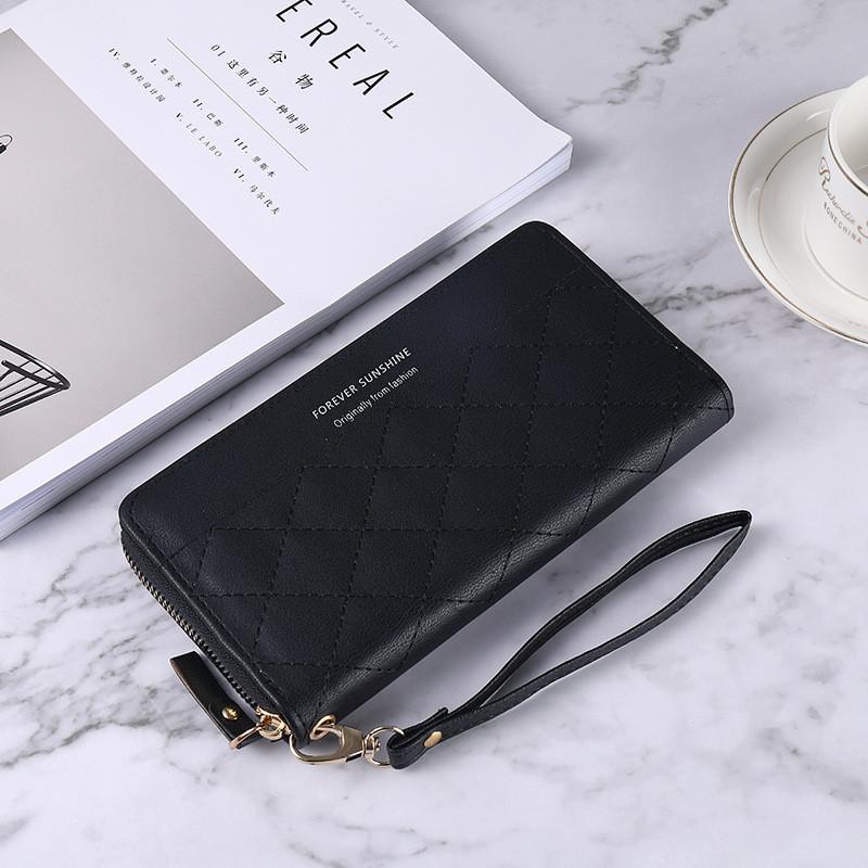 New Korean Style Lady Long Zipper Wallet Solid Color Simple Diamond Card Holder Large Capacity Hand Clutch Bag