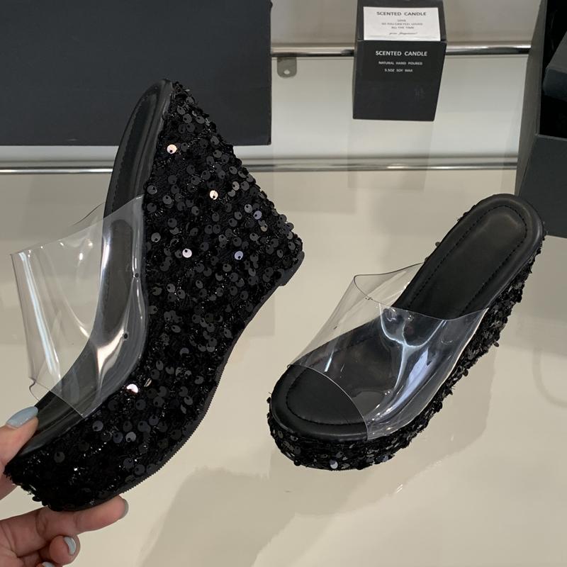 Mode Eilyken Bling Paillettenstoff Plateau Keilabsatz Damen Hausschuhe Sommer PVC Transparent Offene Zehen High Heels Bankett Party Schuhe