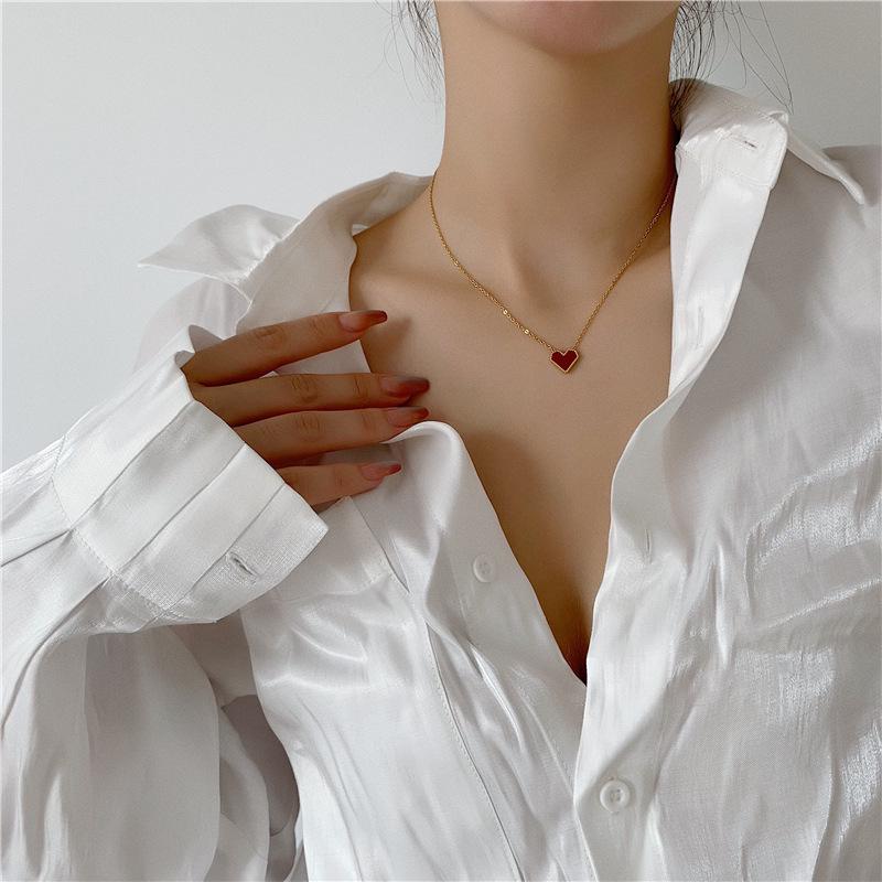 Korean Fashion 18K Gold-Plated Red Heart Necklace for Women - Retro French Titanium Steel Clavicle Chain
