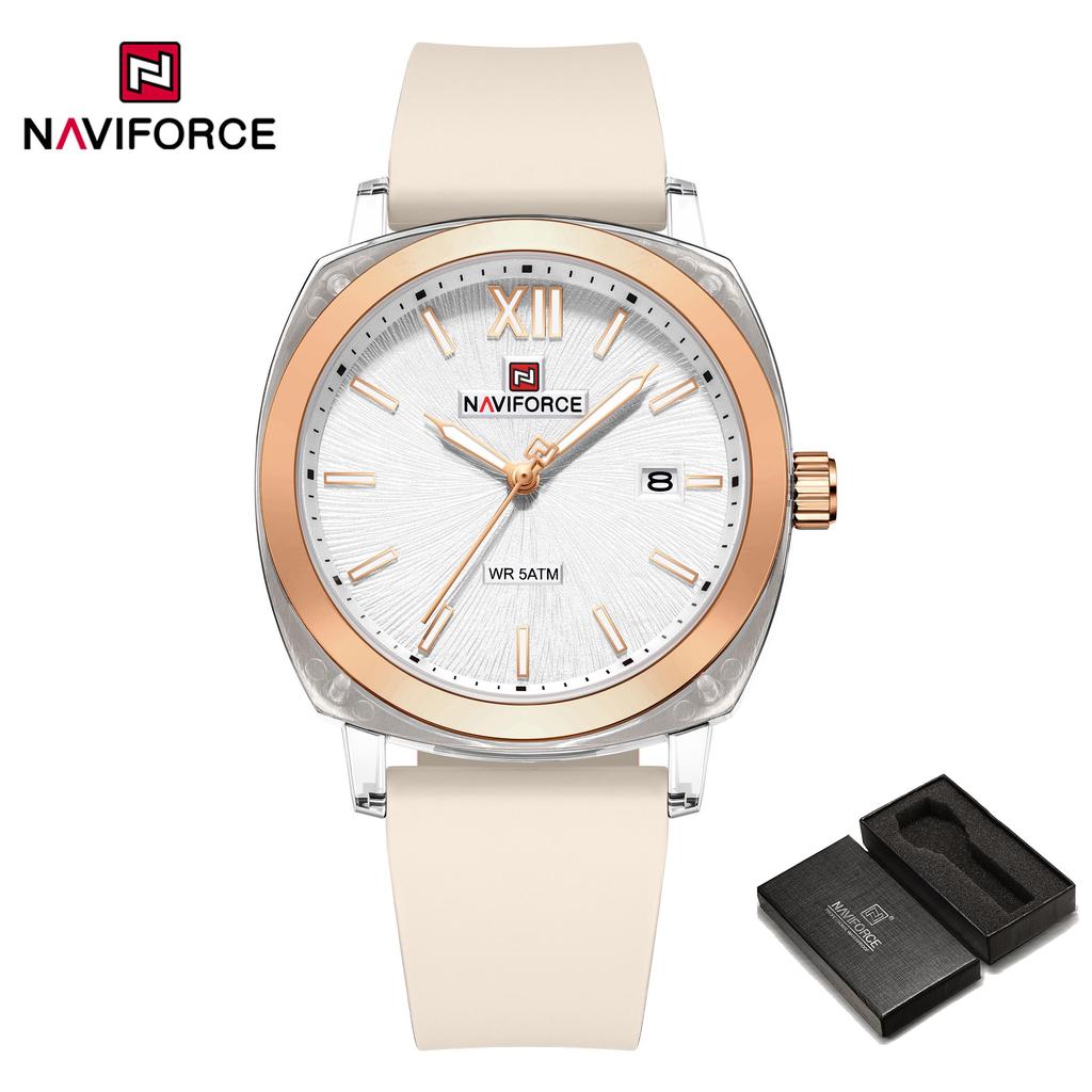 NAVIFORCE Original Calendar Watch for Women Quartz Movement Round Dial Luminous Hands Waterproof Silicone Strap Lady Light Watch NF6111