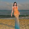 Sexy Babes Mesh Printing Suspender Dress Women's Summer New Holiday Gradual Change Color Hollow Dress
