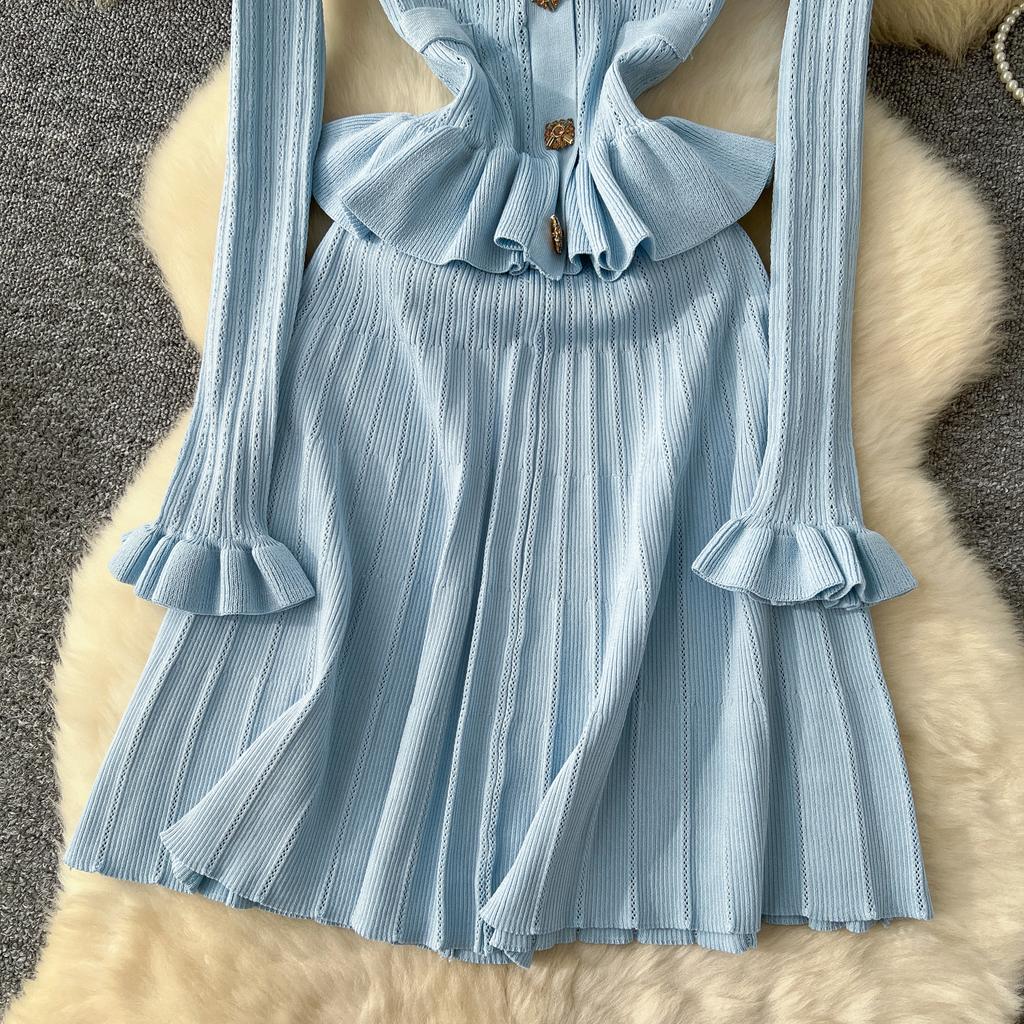 Elegant Ruffle Knit Sweater Vintage Chic V-neck Breasted Long Sleeves Slim Dresses French Office Lady High Street Autumn Winter Clothing