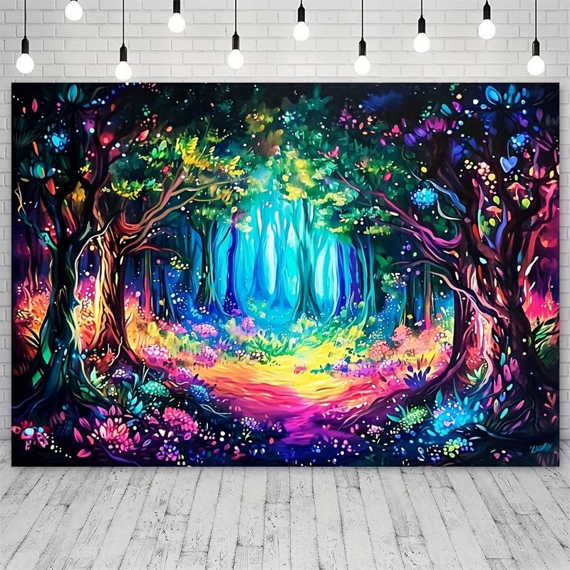 Magical Forest with Neon Background Cloth Psychedelic Plant Wall Hanging Bedroom Living Room Background