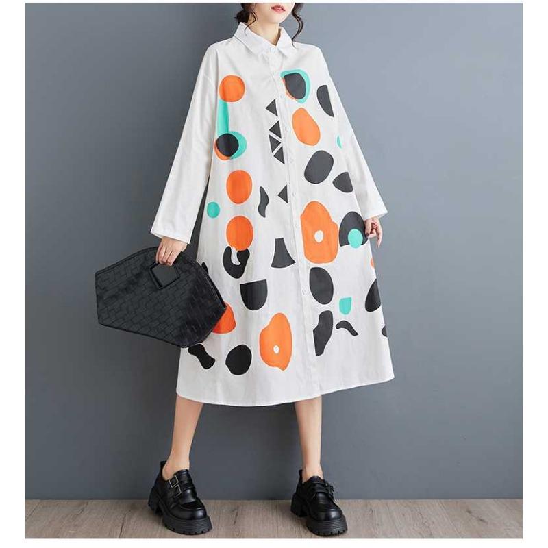 New Loose Large Size Printing Splicing Casual Simple Sweet Long-sleeved Dresses
