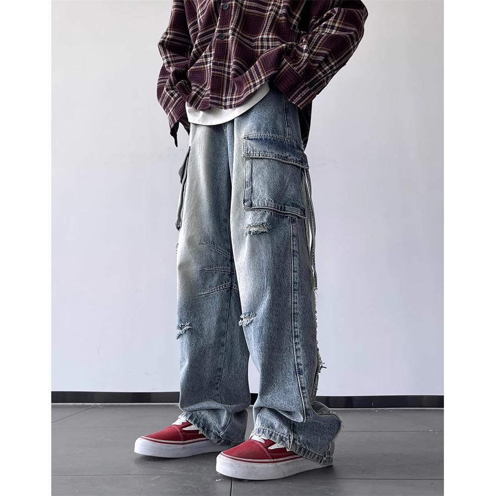 Trendy Brand Retro Ripped Tooling Wide-leg Jeans Men's Autumn American High Street Hiphop Loose Straight Pants
