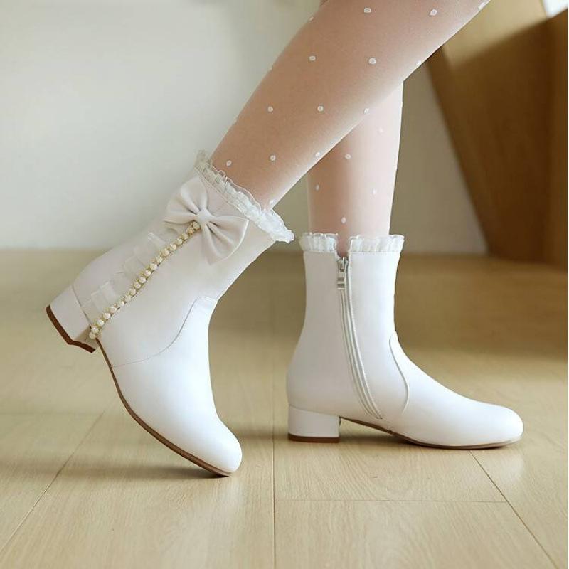 Autumn and winter girls Martin boots pink princess shoes side zipper medium and older children's shoes new Lolita children's low boots women